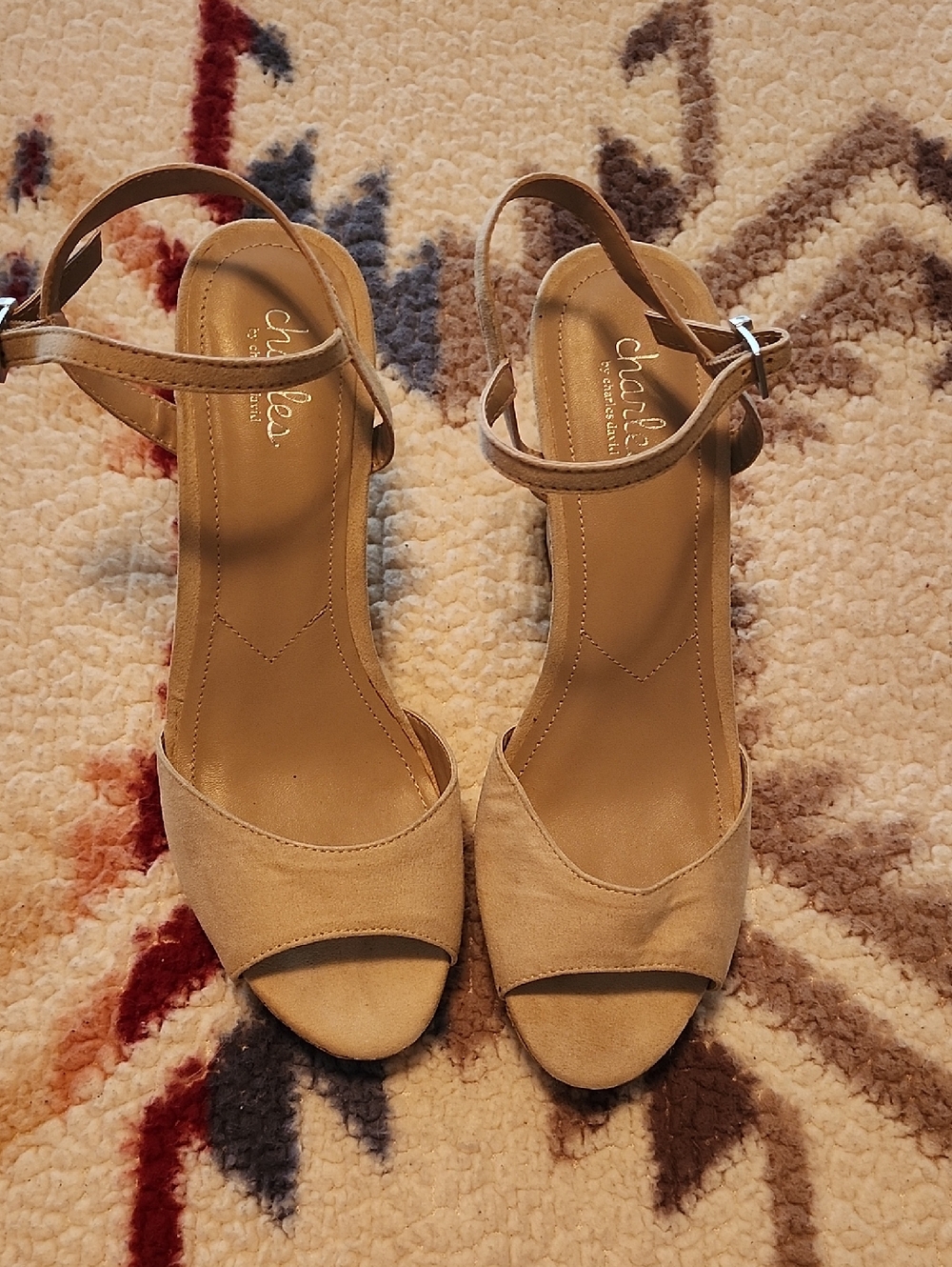 Charles By Charles David Beige Suede Open-Toe Ankle Strap Heels